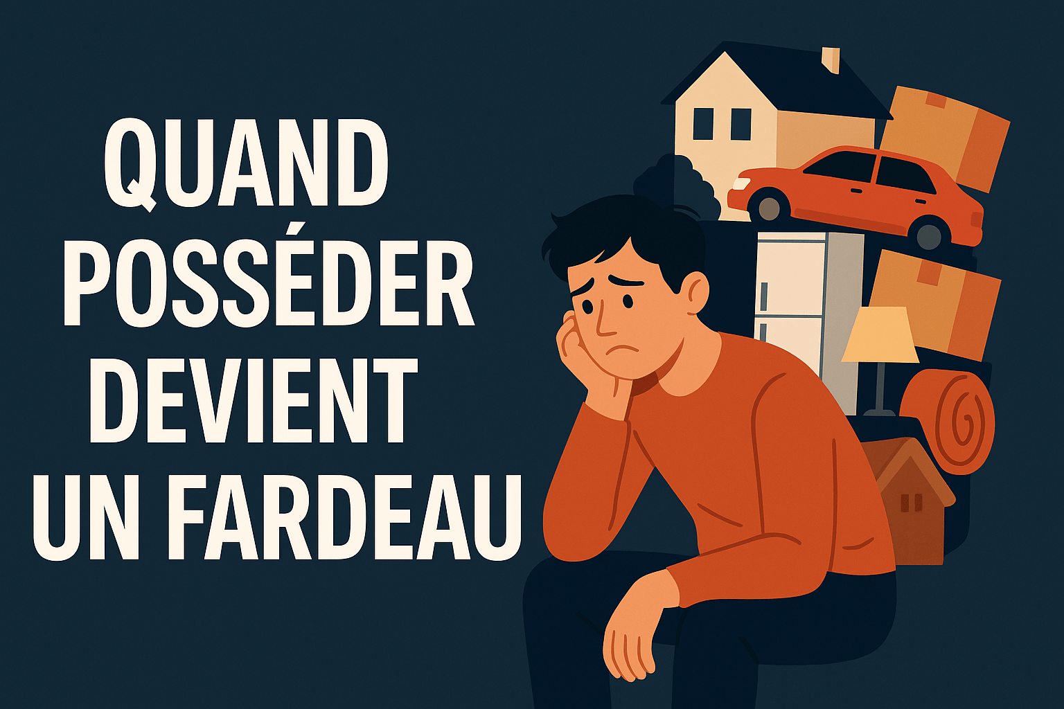 Illustration d’un homme accablé par le poids symbolique de ses possessions (maison, voiture, cartons), accompagnée du titre “Quand posséder devient un fardeau”.