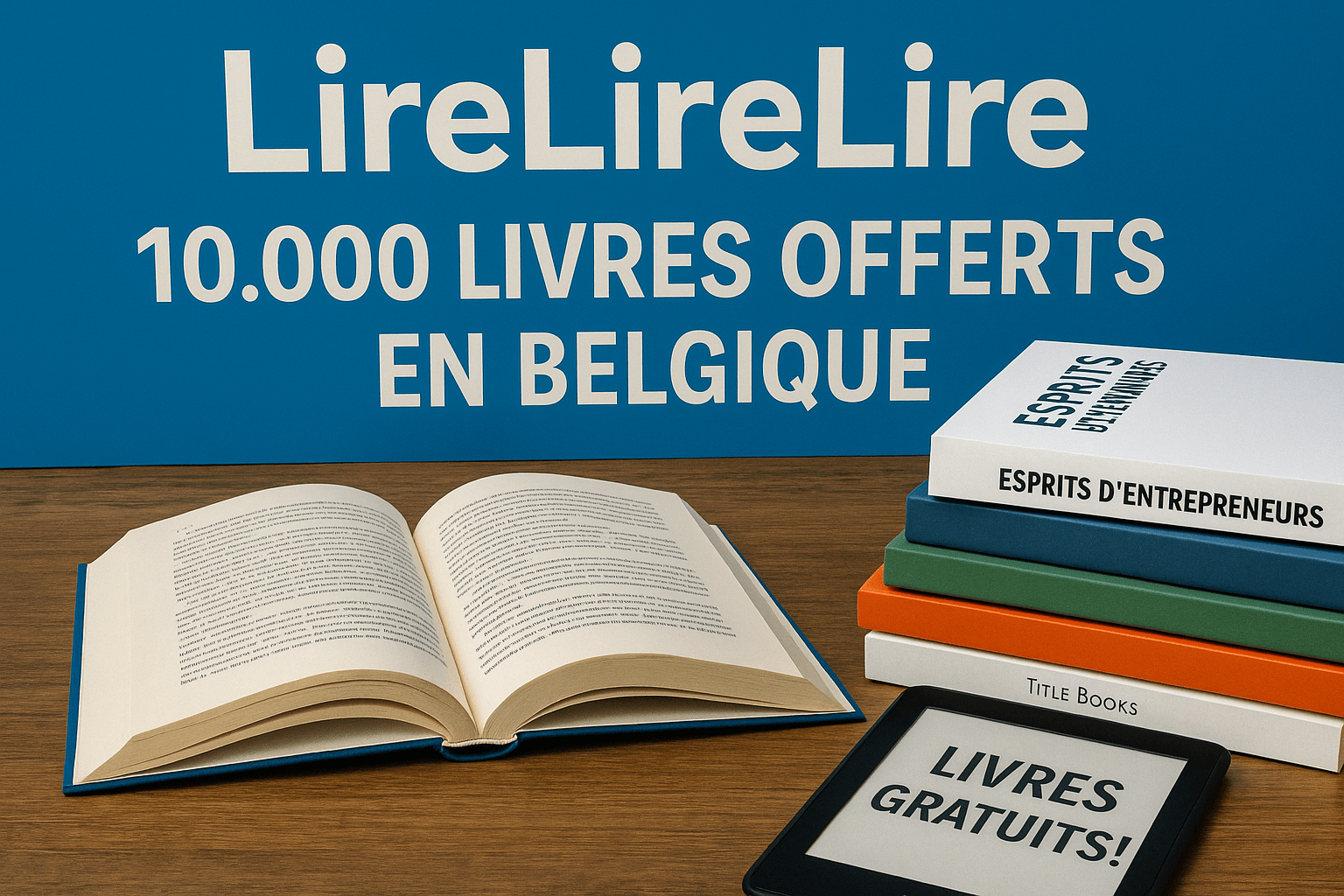 Visuel de lâopĂ©ration LireLireLire : livres offerts en Belgique, stack de livres et liseuse affichant âLivres gratuitsâ