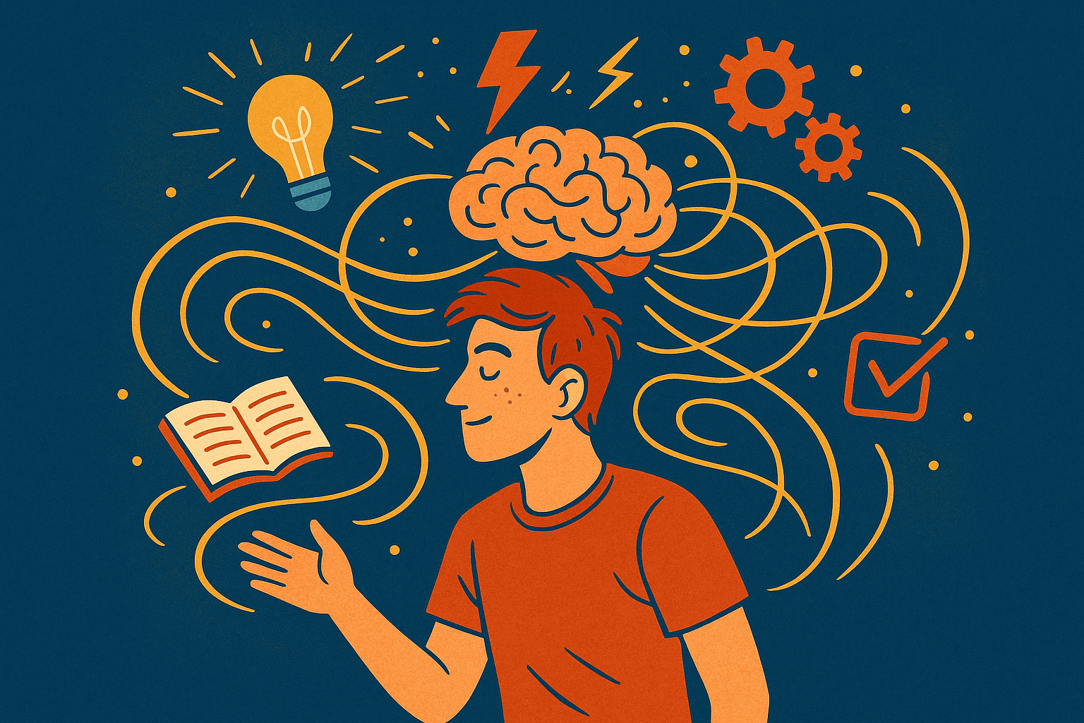 Illustration colorée représentant un jeune homme dynamique au milieu d’éléments créatifs et numériques, symbolisant l’hyperactivité mentale et la curiosité.