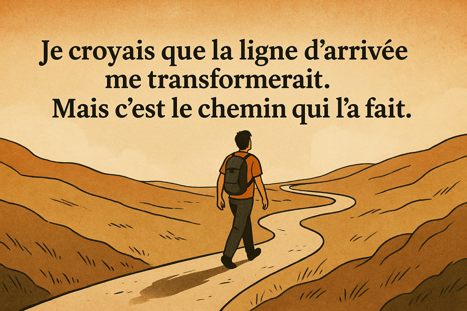 Illustration symbolique d’un personnage avançant seul sur un chemin sinueux entre effort, doute et dépassement, inspirée de l’article sur la transformation par le chemin, pas par la destination.