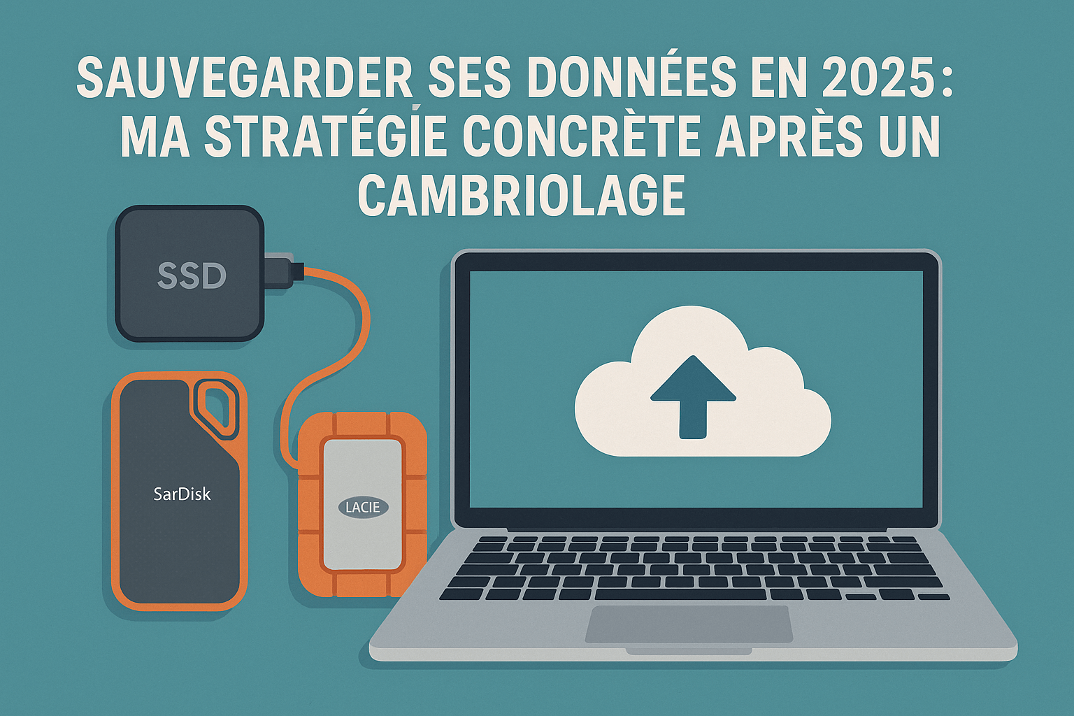 Illustration d’un setup digital avec disques SSD, ordinateur portable et cloud, représentant une stratégie de sauvegarde moderne et sécurisée.