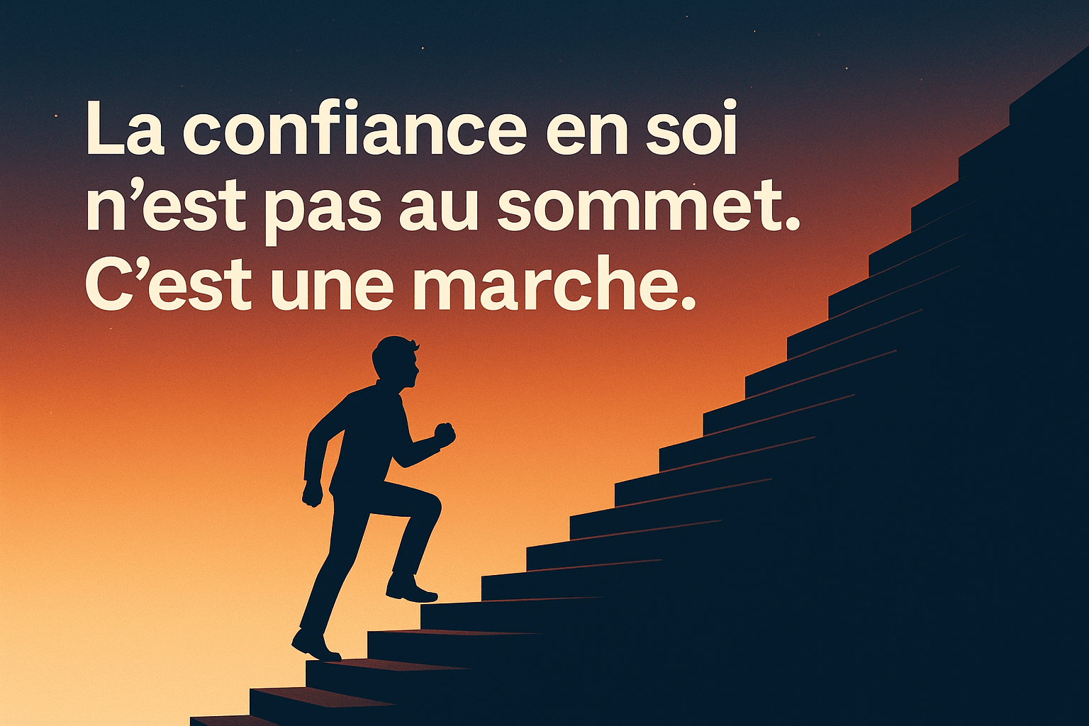Illustration symbolique d'une personne gravissant un escalier vers le ciel, représentant la construction progressive de la confiance en soi.