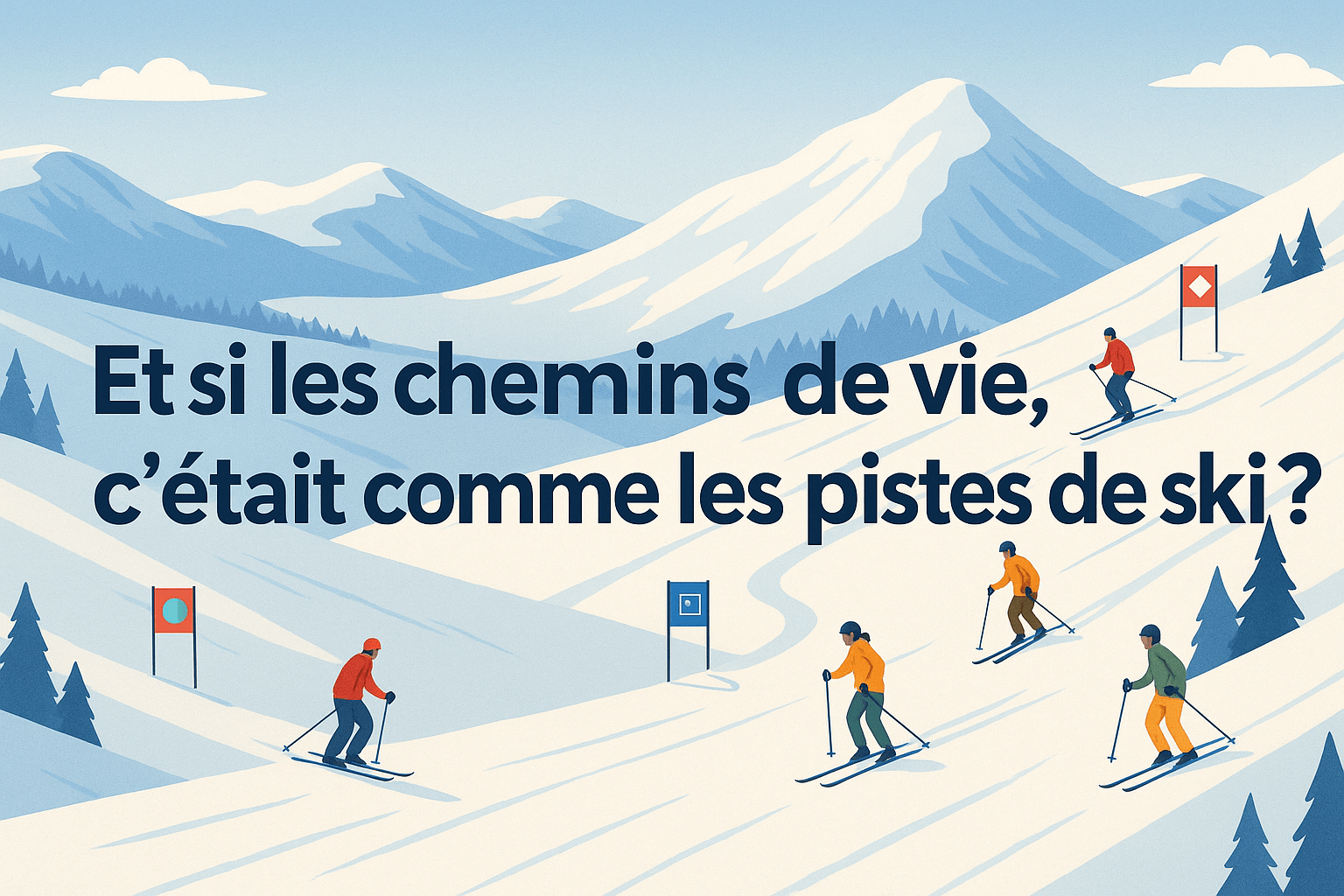 llustration de skieurs descendant différentes pistes sur une montagne, représentant les multiples manières de vivre sa vie.